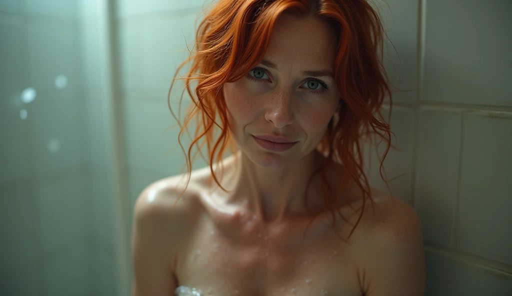 A red-haired woman, 40 year old, getting out of the shower, body still wet, firm breasts, hairy pussy, shy look at the viewer. Filtro Foggy, David Hamilton Style.