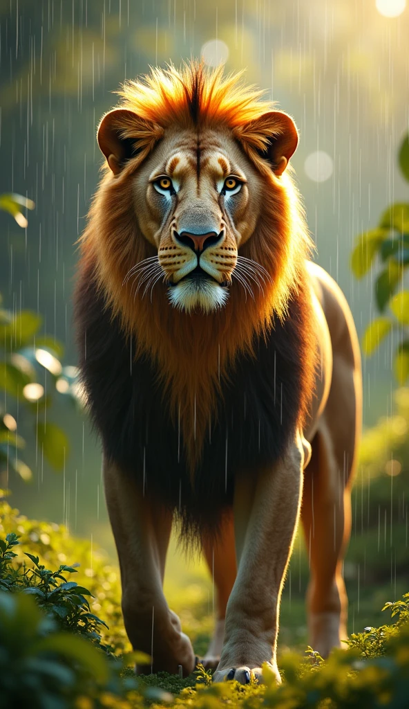 Generate ultra realistic 8k image of strong and beautiful king lion in rain during sunny day