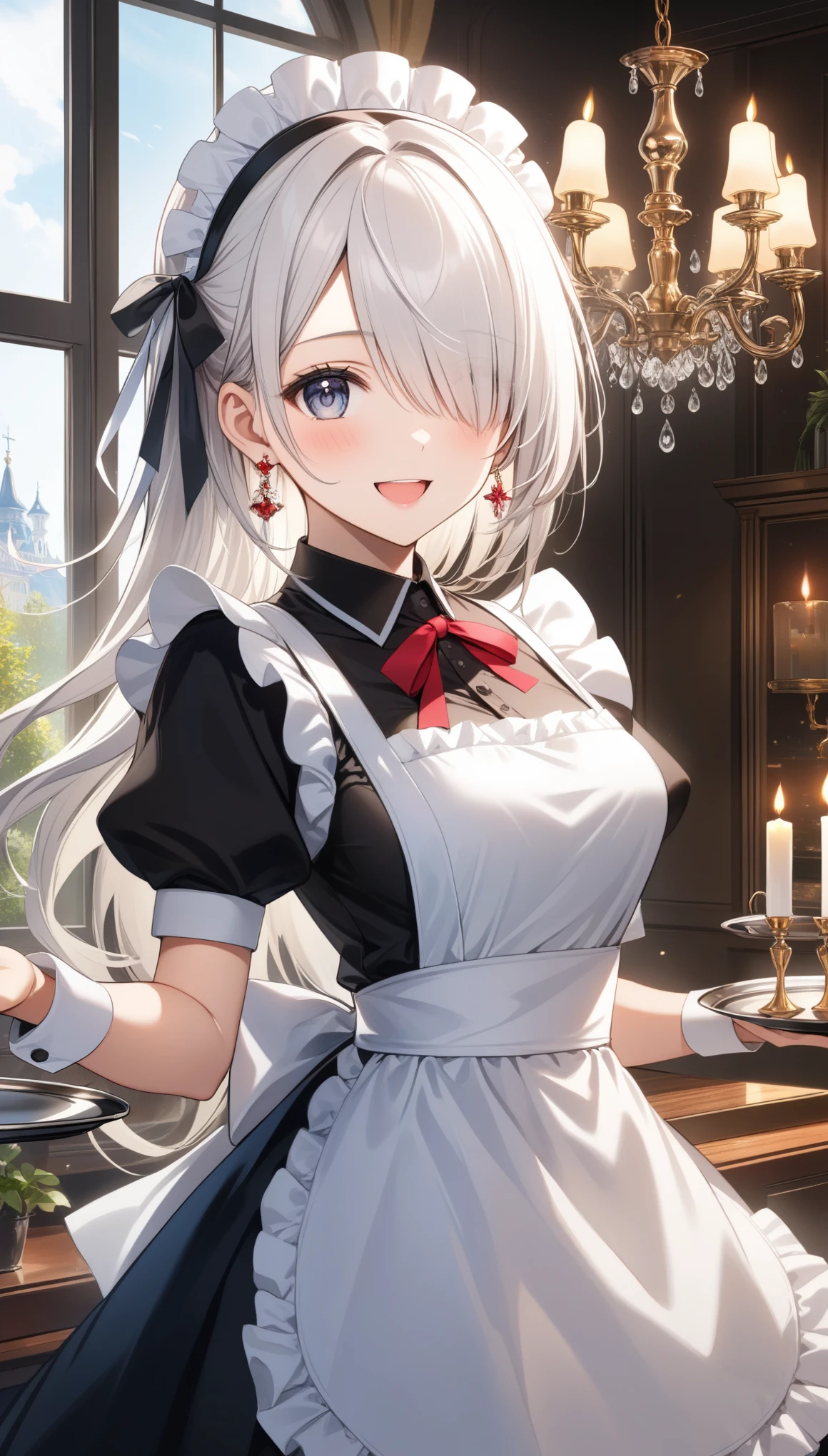 1girl, solo, long hair, breasts, looking at viewer, blush, smile, open mouth, bangs, dress, ribbon, holding, jewelry, medium breasts, hair ribbon, white hair, short sleeves, :d, cowboy shot, earrings, frills, puffy sleeves, indoors, hair over one eye, apron, black dress, puffy short sleeves, wrist cuffs, grey eyes, maid, maid headdress, window, white apron, maid apron, tray, frilled apron, candle, holding tray, chandelier, ((32k)), ((best quality)), ((ultra high res)), ((HDR)), ((UHD)), ((extremely detailed CG)), ((unity 32k wallpaper)),