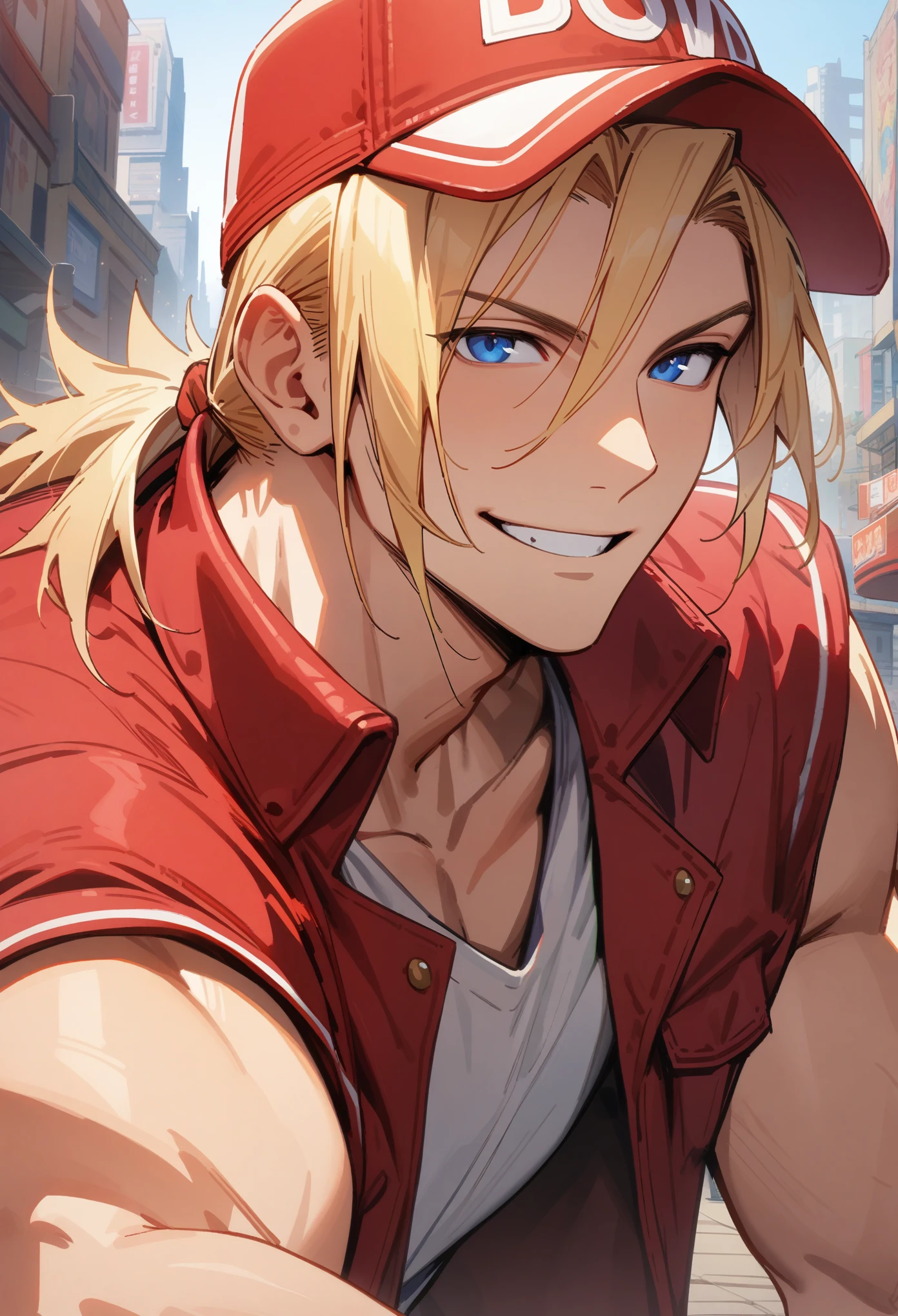 terry bogard, 1boy, male, handsome, no sleeves, sleeveless, close up, blue eyes, blonde, baseball cap, white shirt, red jacket, smiling, masterpiece, high quality, high details, hd, city background