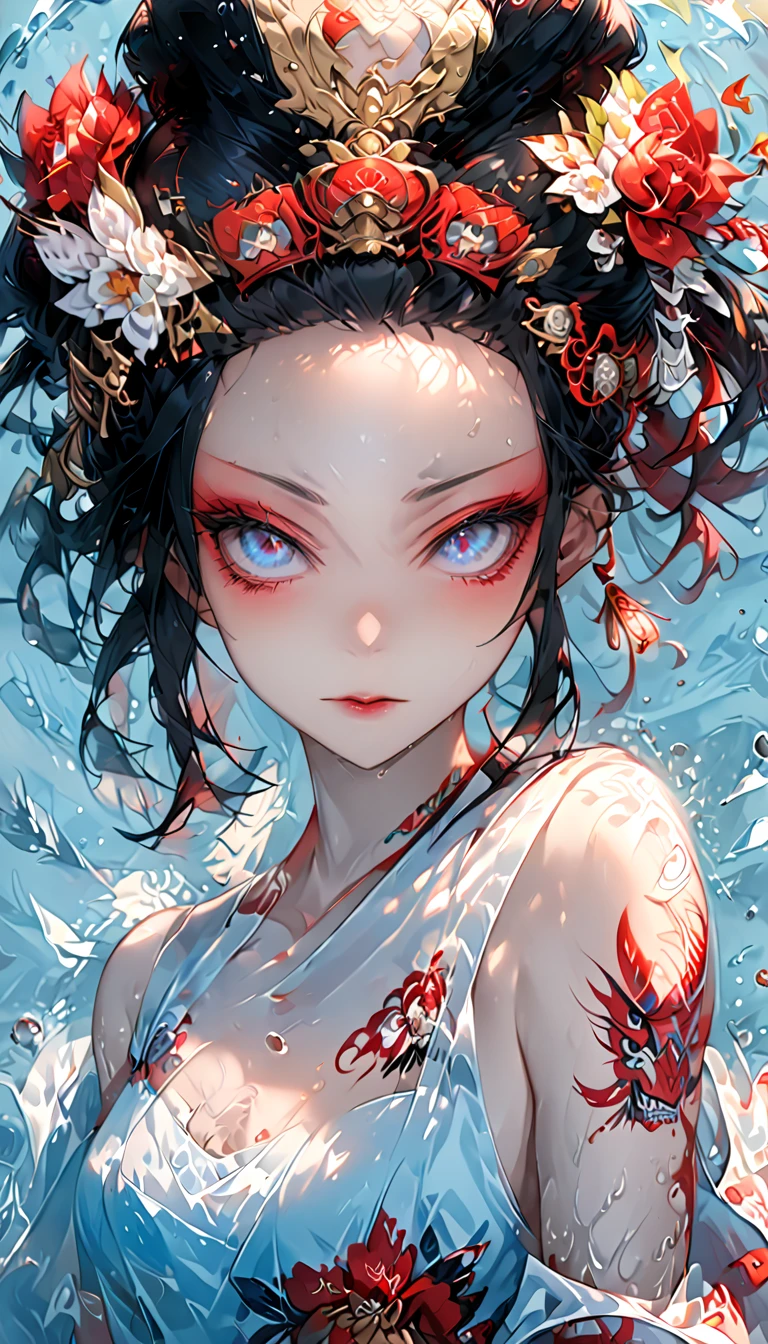 ,Ink painting, (((1 girl )), (((Tattoo in the middle of the forehead))), (((Oiran))), (((Great hair accessories))), Demon possession, , (((Masterpiece、Highest image quality、Highest quality、Extremely detailed unit 8ｋWall paper))), ((Illustration of one girl、Upper body covered))、(((beautiful girl))),  girl swimming underwater, Very detailed presentation style, It shines, Red Rose, light blue, brushwork, Ultra Realistic Oil Painting, Bright eyes, Head up close, Exaggerated perspective, Tyndall effect, drop of water, rainbow pearl, 3d white, black background,