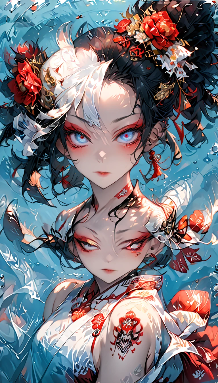 ,Ink painting, (((1 girl )), (((Tattoo in the middle of the forehead))), (((Oiran))), (((Great hair accessories))), Demon possession, , (((Masterpiece、Highest image quality、Highest quality、Extremely detailed unit 8kWall paper))), ((Illustration of one girl、Upper body covered))、(((beautiful girl))), girl swimming underwater, Very detailed presentation style, It shines, Red Rose, light blue, brushwork, Ultra Realistic Oil Painting, Bright eyes, Head up close, Exaggerated perspective, Tyndall effect, drop of water, rainbow pearl, 3d white, black background,