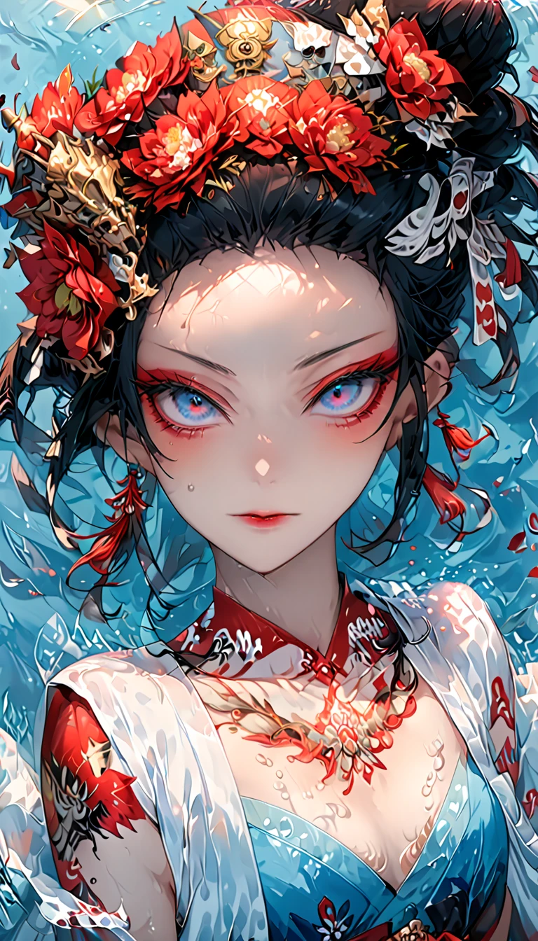 ,Ink painting, (((1 girl )), (((Tattoo in the middle of the forehead))), (((Oiran))), (((Great hair accessories))), Demon possession, , (((Masterpiece、Highest image quality、Highest quality、Extremely detailed unit 8kWall paper))), ((Illustration of one girl、Upper body covered))、(((beautiful girl))), girl swimming underwater, Very detailed presentation style, It shines, Red Rose, light blue, brushwork, Ultra Realistic Oil Painting, Bright eyes, Head up close, Exaggerated perspective, Tyndall effect, drop of water, rainbow pearl, 3d white, black background,