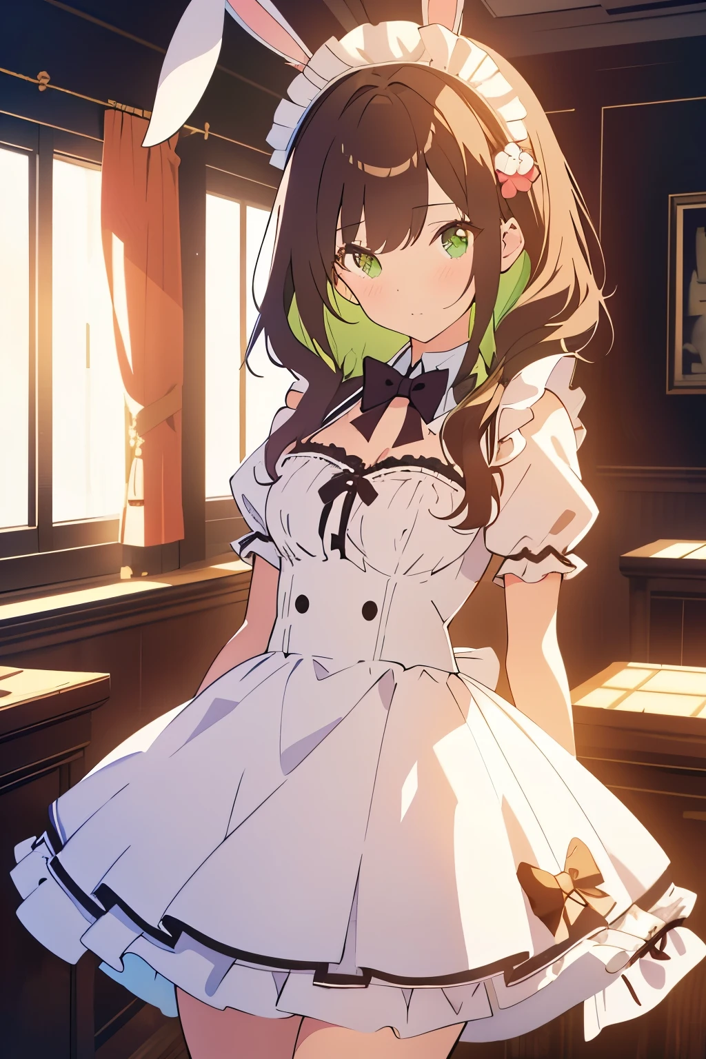 ((masterpiece, Highest quality, High resolution, 超High resolution, Pixel perfect, Written boundary depth, 4K, RTTX 10.0, High resolution))), 1 person, single, alone, Beautiful Anime, Beautiful art style, Anime characters, ((Shortcuts, bangs, Dark brown hair)), ((Green Eyes:1.4, Round eyes, Beautiful eyelashes, current eyes)), ((Smooth texture:0.75, Anime CG style)), ((Dynamic Angle, close)), Perfect body, (cute), Normal chest, whole body, ((4K, 8k, Highest quality, Perfect Fingers: 1.3, Perfect Anatomy: 1.3, Background Blur)), whole bodyアングル, Illustration of a bunny girl in a maid outfit, The character is dressed in a bunny girl outfit that is a take on the classic maid outfit.、In a black and white maid outfit with frills and ribbons、With rabbit ears and a tail, The background depicts a room in a classic Western-style mansion.、The overall scene has a cute and elegant atmosphere.