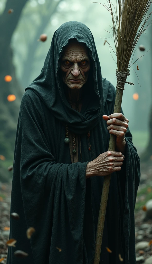 

**Prompt:**  
"A detailed and realistic close-up of an original witch, with deep wrinkles and weathered, malevolent eyes. She holds a broom in one hand, dressed in tattered black robes that evoke an ancient and evil aura. Her expression is twisted with malice, reflecting her dark nature. The background features a surreal and abstract landscape, filled with eerie symbols and magical objects floating in the air. A thick, ominous fog and creeping shadows surround her, enhancing the sinister atmosphere. The scene is set in a fantasy world, transporting the viewer to an unsettling moment in time. High-quality image with intricate details that blend dark fantasy and realism." 

