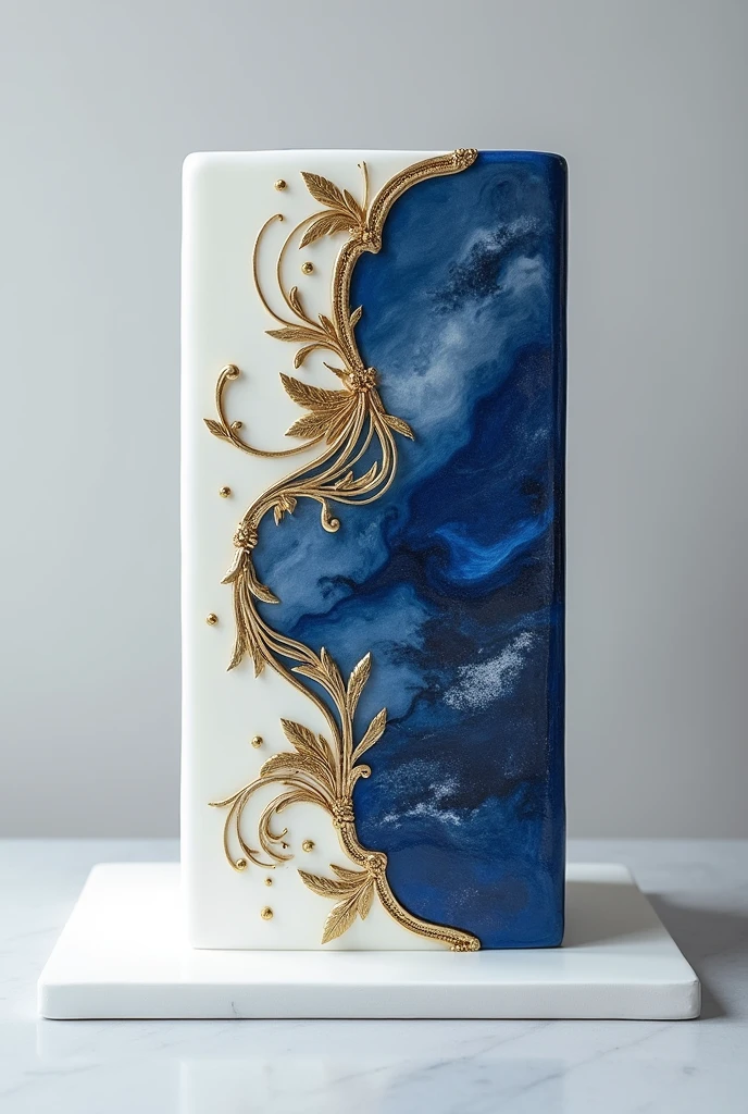 white rectangle cake designed with colour dark blue and gold