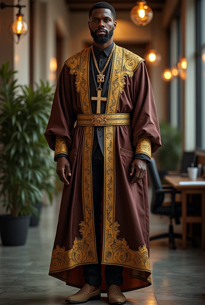 Strong forty year old black man, very elegant and sophisticated, with a goatee, wearing black African tribal robe with gold and brown details, pure silk with gold details on the long LINE swag, short-sleeved, pocket A cross embroidered in the center of the garment with the letters DL , gem-studded Italian loafer shoes The model is in a busy office
