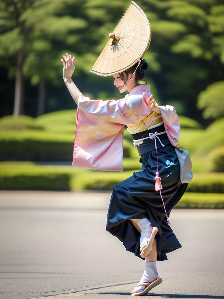 Photo-realistic quality、A woman wearing a pale pink kimono and a hat is in the park, traditional Japanese kimono, A professional masterpiece, Beautiful images, Japanese Model, Traditional Japanese Kimono Japanese Bon Odori,A soft and gentle look、Woman dancing Awa Odori、White Arms、Wearing white tabi socks and black geta