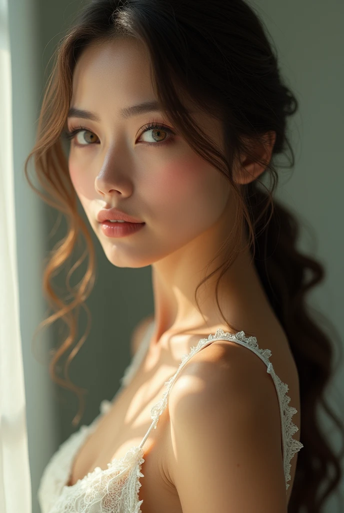 a detailed portrait of a beautiful young woman, elegant and graceful, with striking features, piercing eyes, delicate lips, and long eyelashes, wearing an elegant dress that highlights her slender figure and high hips, set against a soft, ethereal background, masterfully rendered in a photorealistic style with vivid colors and exquisite lighting, (best quality,4k,8k,highres,masterpiece:1.2),ultra-detailed,(realistic,photorealistic,photo-realistic:1.37),intricate details,chiaroscuro lighting,delicate skin,elegant pose,cinematic composition
