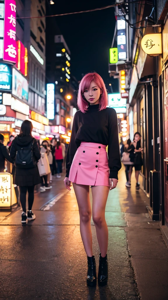 nightの女、Hostess、Slender Body、Frilly clothes、Short skirt、Pink Hair、Japanese women、bustling street、neon、night