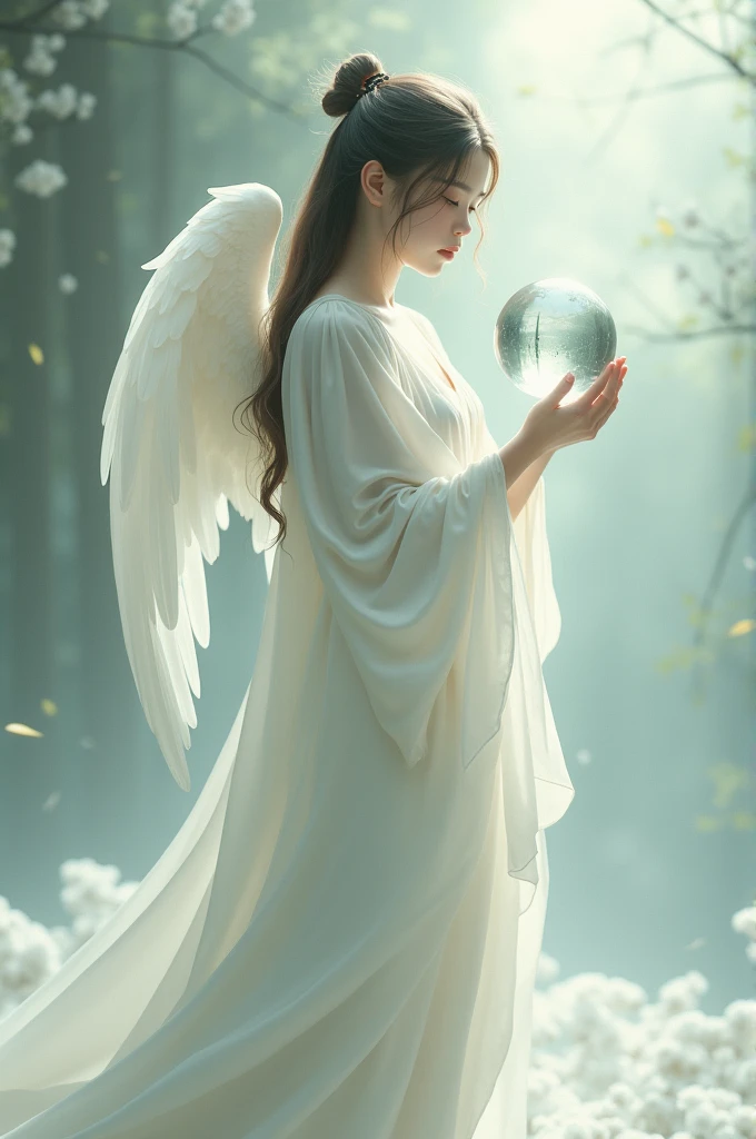 A girl in god white dress and hold the globe made of glass