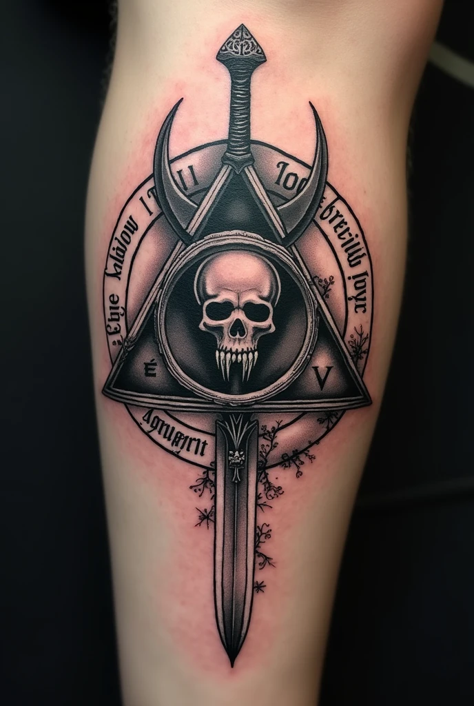 Get a Deathly Hallows tattoo, but the triangle is Bill Cypher from Gravity Falls, the circle is the ring of the lady of the rings written in elvish one ring to rule them all, and the risk is the ice sword from Game of Thrones