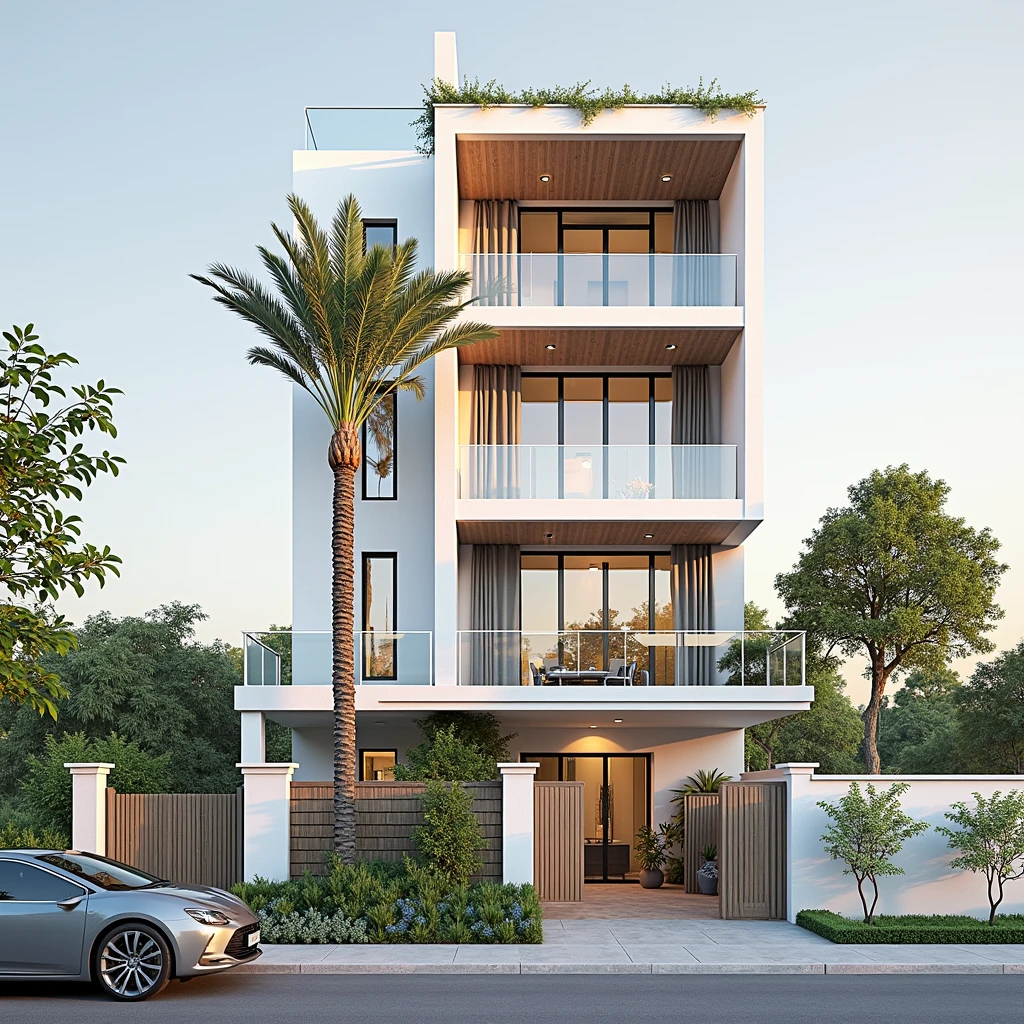 maison de ville moderne sur rue, (sun set), arbre tropical, couleur vive, paysages de rue, white tone, white wall, Large glass door, (Warm interior lighting:1.2), wood and marble, best quality, 18ArchiAI_VL-v1

