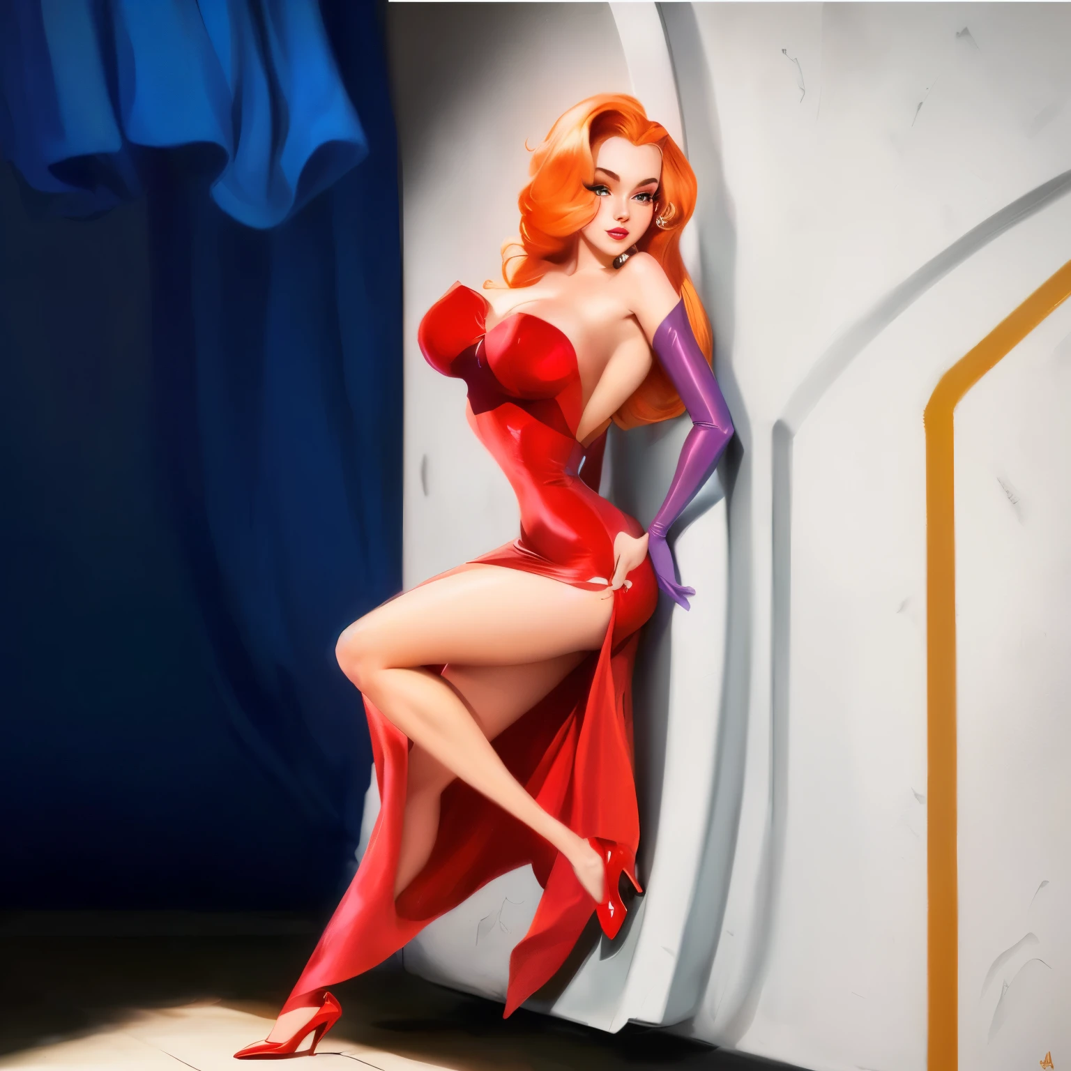 Cartoon of a woman in a red dress, leaning against a wall, Jessica Rabbit, emma watson as Jessica Rabbit, inspired by Bruce Timm, inspired by Tex Avery, digital painting in cartoon style, sultry digital painting, Fully clothed. painting of sexy, digital cartoon painting art, Cartoon-Digitalkunst, finstere Pose, pinup art, Lola-Bunny-Fanart, succubus in tight short dress