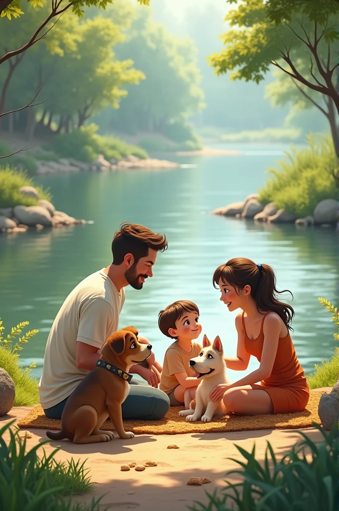 Family in riverside with dogs
