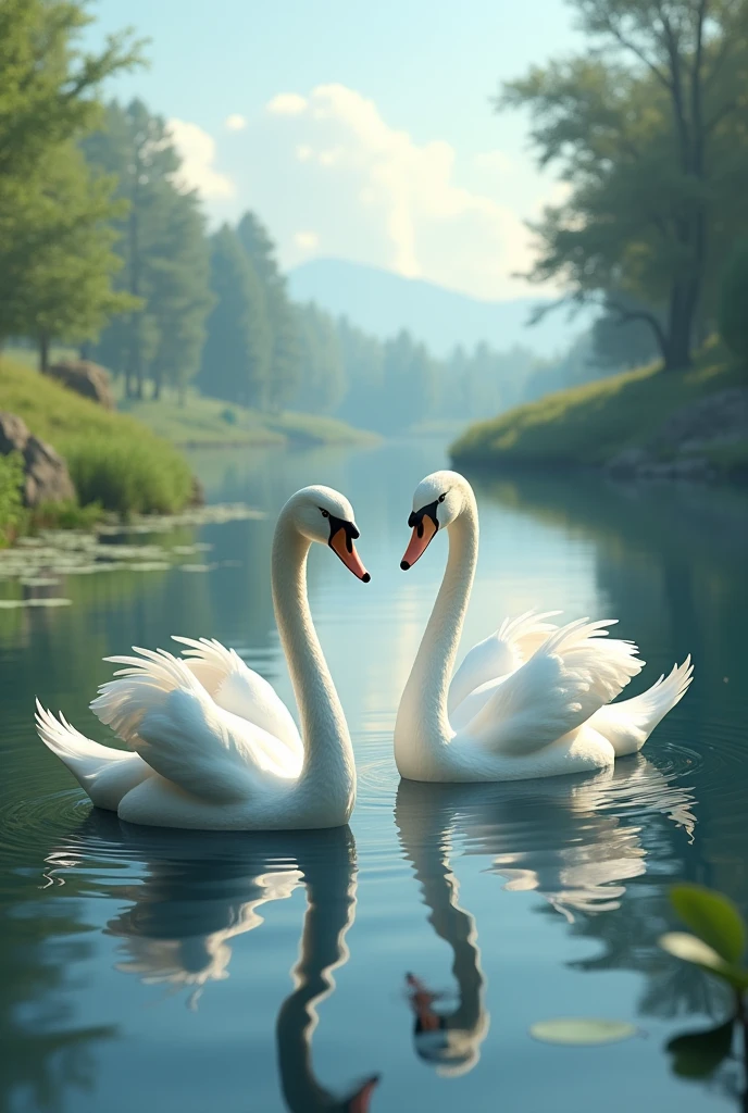Two Big Beautiful Swan In the middle of river