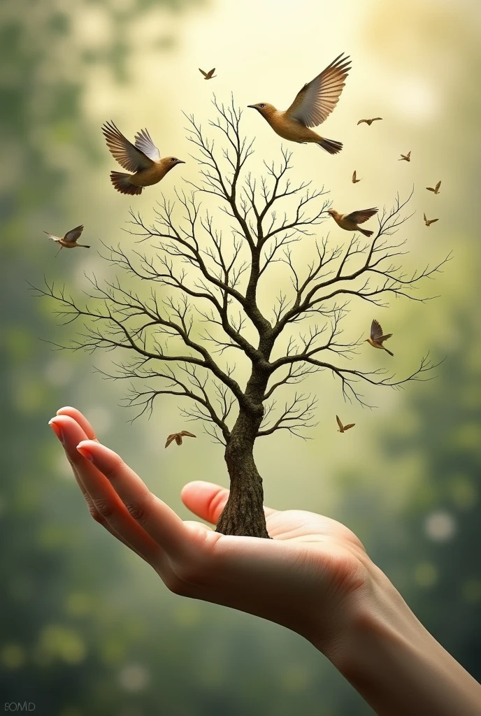 Straight Hand palm having birds roots branch of trees