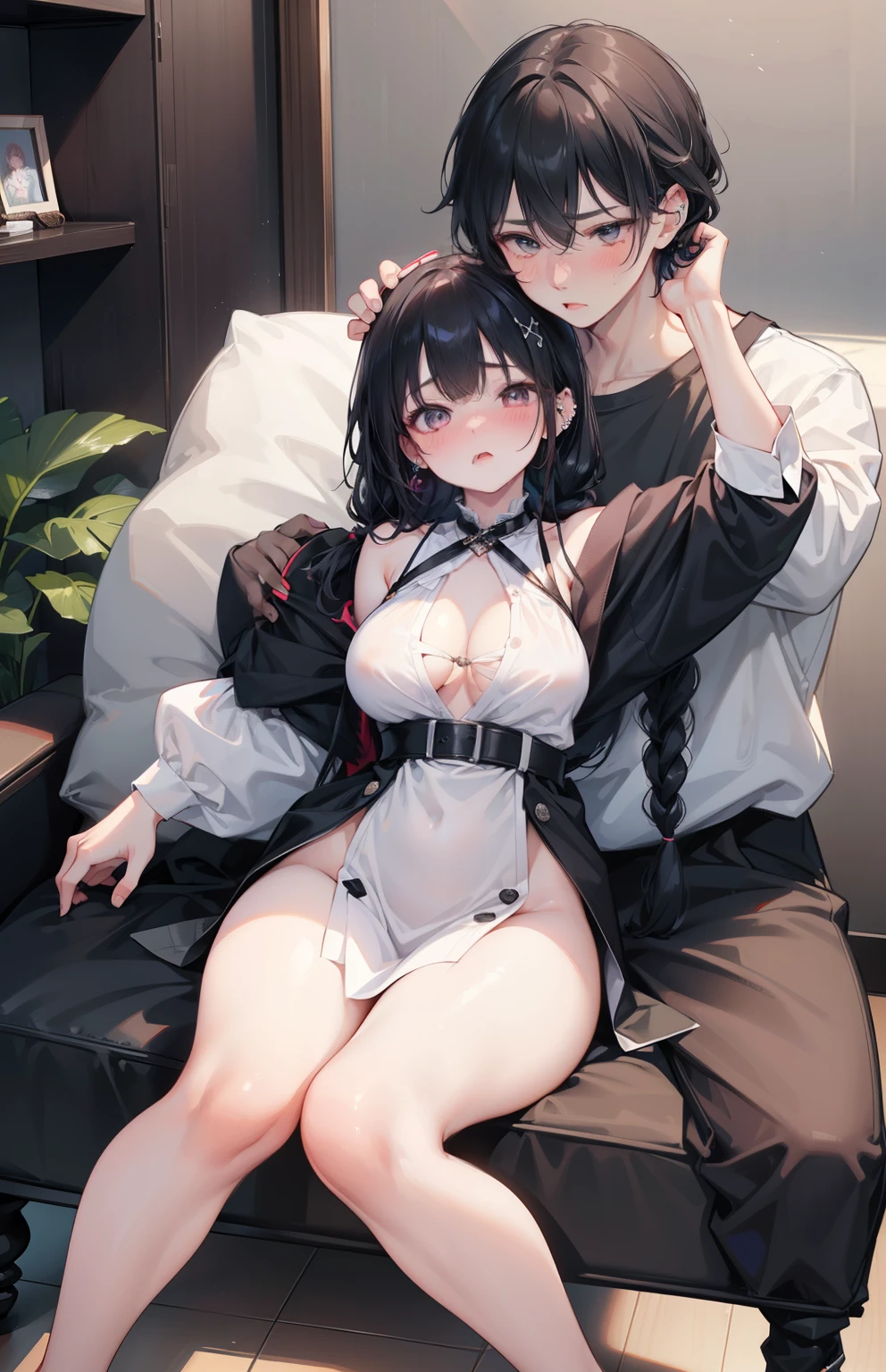 1girl, (2 hot boys), three people, (nose blush, Naughty, half opened eye, ), [Full body shot]、Full body shot,body piercings,Large open legs、Head-to-toe shots、slightly turned to the side、hips move up and down、Chest sways up and down、Swing your hips up and down violently、Ahegao、Lower your hips deeply、hips are on the floor、her black hair is tied into two braids、one boy holding girl, (best quality,4k,8k,highres,masterpiece:1.2),ultra-detailed, (a girl sitting on a boy's lap),erotic