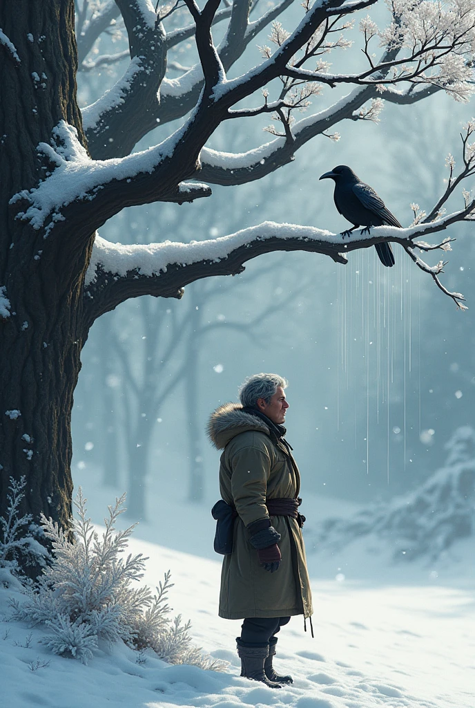 A man stands under a hemlock tree covered in snow and a crow which is rest on the tree moves and drops snow on the boy's head in realistic style 