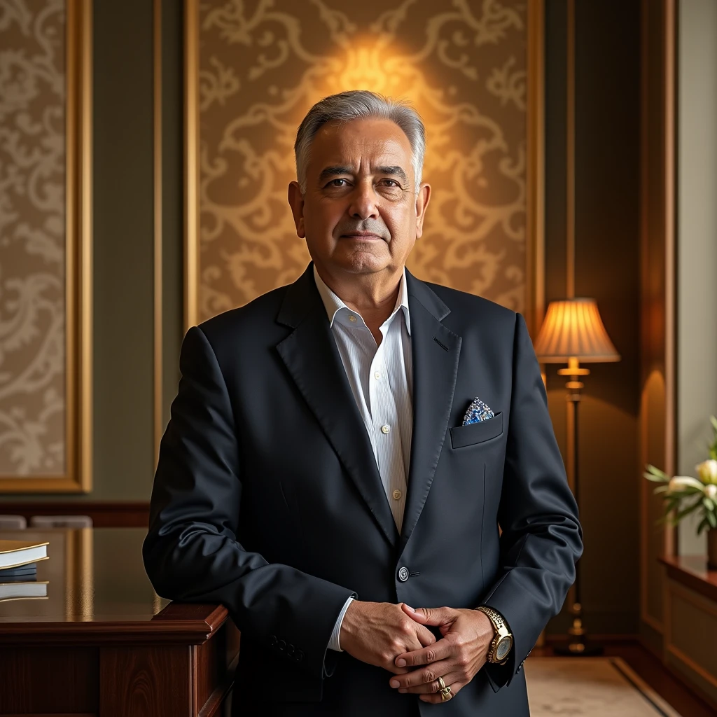 A refined, professional photo of Karl Wadia, a luxuriously elegant background design with gold accents and the Luxe Surfaces logo. The text reads: "We are delighted to honor Karl Wadia, a visionary architect whose innovative designs and dedication have significantly shaped the architectural landscape."