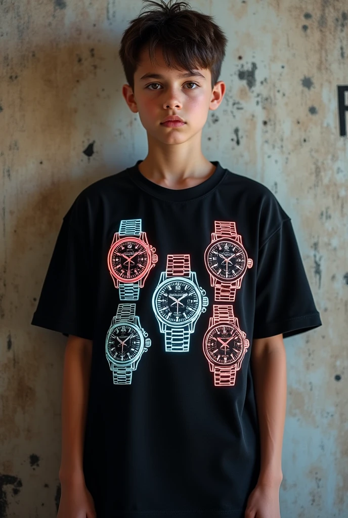 Fully facing the viewer is a fashion editorial style boy wearing an oversized black t-shirt featuring neon outlines of luxury watches over a distressed texture background, spray-paint effects the opulence of Casablanca Paris with NoirÉclat’s modern edge. High fashion, streetwear, 3D oversized t-shirt mockup.