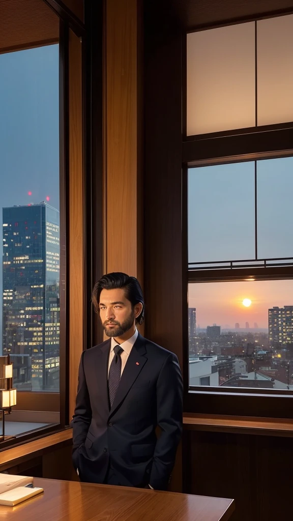 A modern business leader in a sleek, tailored dark blue suit with a red tie, standing in a high-rise office overlooking a bustling cityscape at dusk, the sky painted with the colors of a setting sun casting a warm, golden glow into the room, sharp, confident eyes reflecting his strategic mind, a well-groomed short beard and slicked-back black hair giving him a bold and authoritative presence, one hand in his pocket and the other holding a tablet displaying a graph of rising stock market trends, a replica of a samurai helmet and a book titled "The Art of Free Markets" on his desk, the room with minimalistic decor but hinting at traditional Japanese elements like a bonsai tree and a katana mounted on the wall, conveying a sense of power, ambition, and a pioneering spirit, capturing the essence of Nobunaga's legacy.