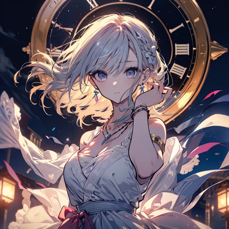 1 person、Mature、Ample breasts、Long Hair、ballerina、ballerinaの衣装、necklace、bracelet、Earrings、dance、In front of the clock tower、Night Sky、gem、High resolution、Highest quality