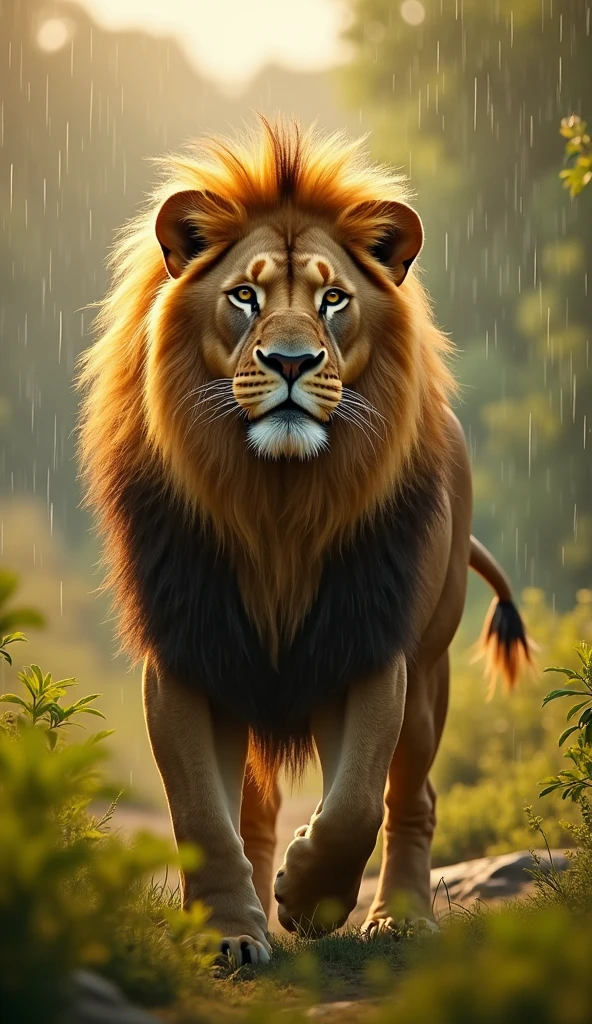 Generate ultra realistic 8k image of big and beautiful strong king lion in rain during sunny day