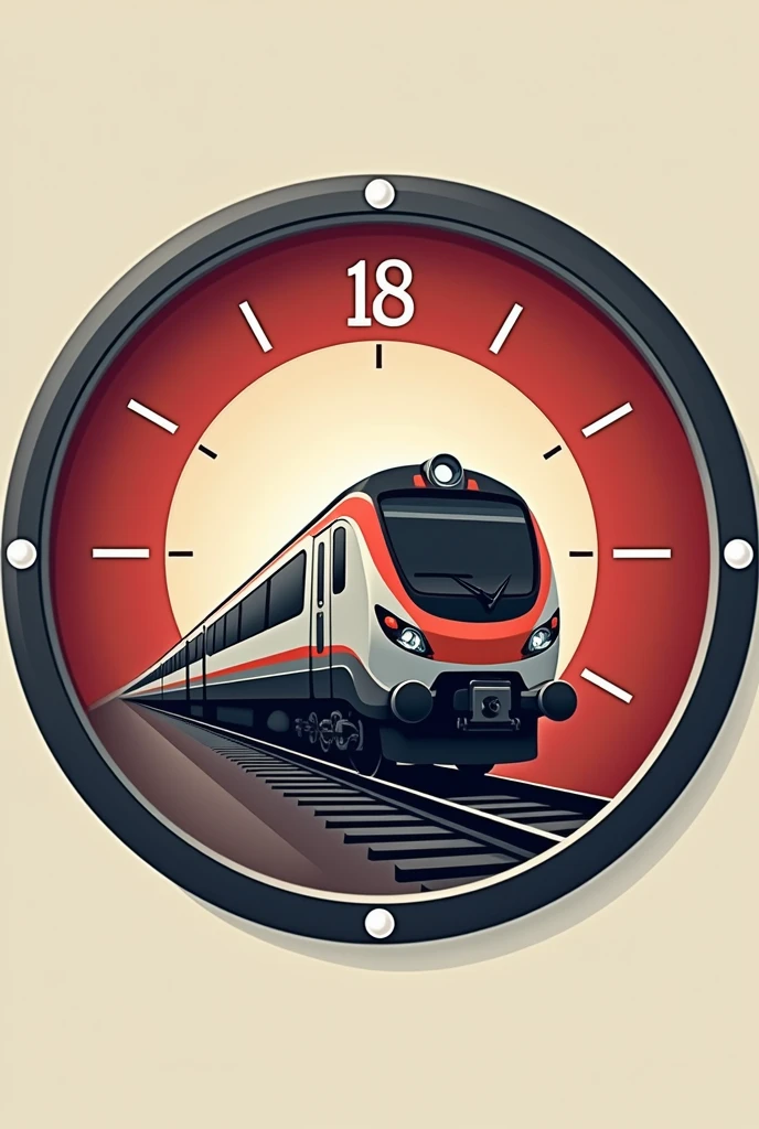 Impressive logo of a moving train simulating movement on rails as if it were coming out of the inside of a wall clock marking the number 18 (emphasizing and referring to the 18th anniversary of a railway institution ), make it elegant, modern and represents progress, the commitment, consistent, using a color palette between red, white, gray and black. Solid color background.