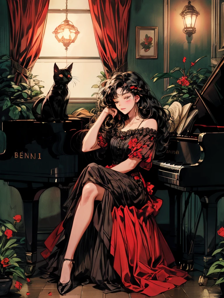 beautiful woman(((full body))), ((background house)), (best quality), beni, solo, 1girl, yellow_pupils, black_hair, red_flower_hair_ornament, long hair, Contemplating, A room with glass windows, curtains, eyes closed, sitting on a chair playing the piano at night. There are flowers, red flower pots, a table, a wine glass, a wine bottle, a lamp, and a black cat,