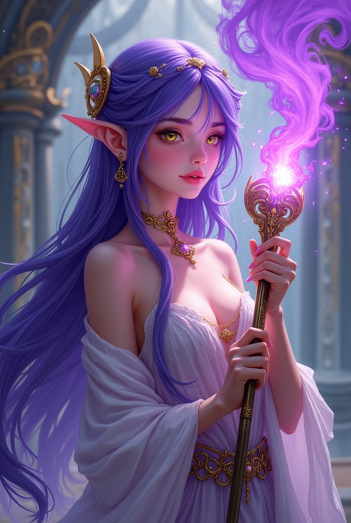 Purple hair and golden eyes elf Princess with a magic staff wand producing purple smoke and make it look like a anime character 2d