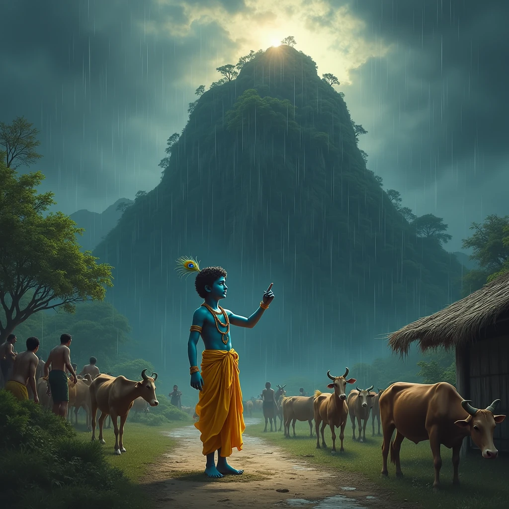 A hyper-realistic scene depicting Lord Krishna as a young boy, lifting the massive Govardhan Mountain effortlessly with the tip of his little finger. Krishna is shown with a calm, divine expression on his face, his skin a rich blue hue, adorned in traditional yellow dhoti with a peacock feather in his hair. The mountain above him is lush with greenery, trees, and rocks, detailed with intricate textures. Around Krishna, villagers and animals, including cows, seek shelter, looking up at him in awe and reverence. The sky is dark and stormy, with rain pouring down, but Krishna remains serene, illuminated by a soft divine light that contrasts with the storm. The overall image should capture the divinity and power of Krishna in a highly detailed, photorealistic style."