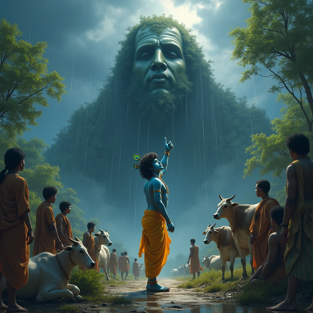 A hyper-realistic scene depicting Lord Krishna as a young boy, lifting the massive Govardhan Mountain effortlessly with the tip of his little finger. Krishna is shown with a calm, divine expression on his face, his skin a rich blue hue, adorned in traditional yellow dhoti with a peacock feather in his hair. The mountain above him is lush with greenery, trees, and rocks, detailed with intricate textures. Around Krishna, villagers and animals, including cows, seek shelter, looking up at him in awe and reverence. The sky is dark and stormy, with rain pouring down, but Krishna remains serene, illuminated by a soft divine light that contrasts with the storm. The overall image should capture the divinity and power of Krishna in a highly detailed, photorealistic style."