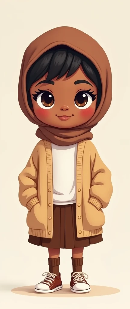 Cartoon with text:
(masterpiece, best quality, 4k, expressive eyes, perfect face, 2d style, flat style, hand drawn, perfect Illustration), Cute and adorable face, black girl, big detailed eyes,, Cute little cartoon girl, with brown hijab on, bangs, wearing oversized beige cardigan, white shirt, brown skirt, brown socks, sneakers