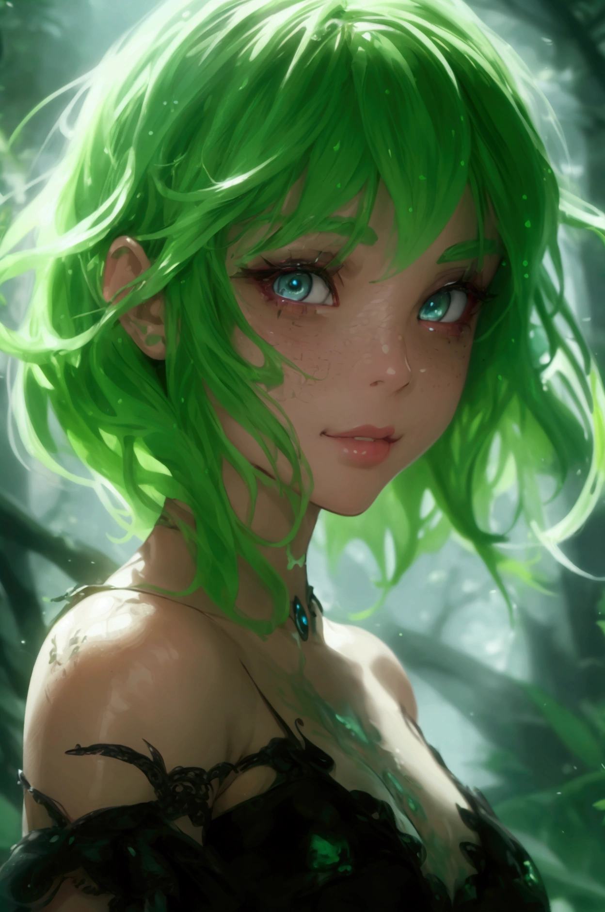 a detailed slime girl, green jelly skin, brown eyes, cute smirk, black dress, beautiful detailed eyes, beautiful detailed lips, extremely detailed face and features, long eyelashes, high quality, 8k, photorealistic, masterpiece, realistic, cinematic lighting, fantasy, digital art