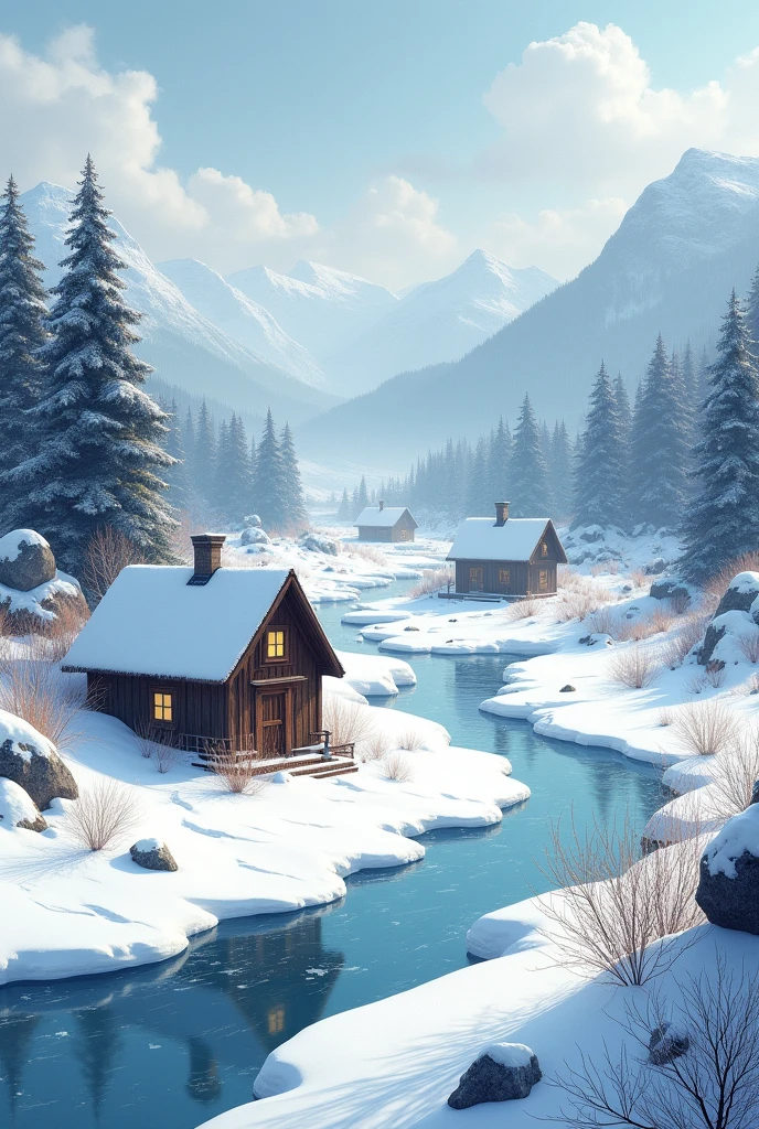 Houses in the huge snowy creek hole