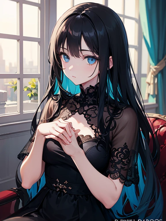 a girl in a black lace dress, long black hair, beautiful blue eyes, pale skin, sitting on a window sill, , detailed face, detailed eyes, detailed hands, intricate lace patterns, warm lighting, soft focus, cinematic composition, vibrant colors, digital painting, concept art, highly detailed, 8k