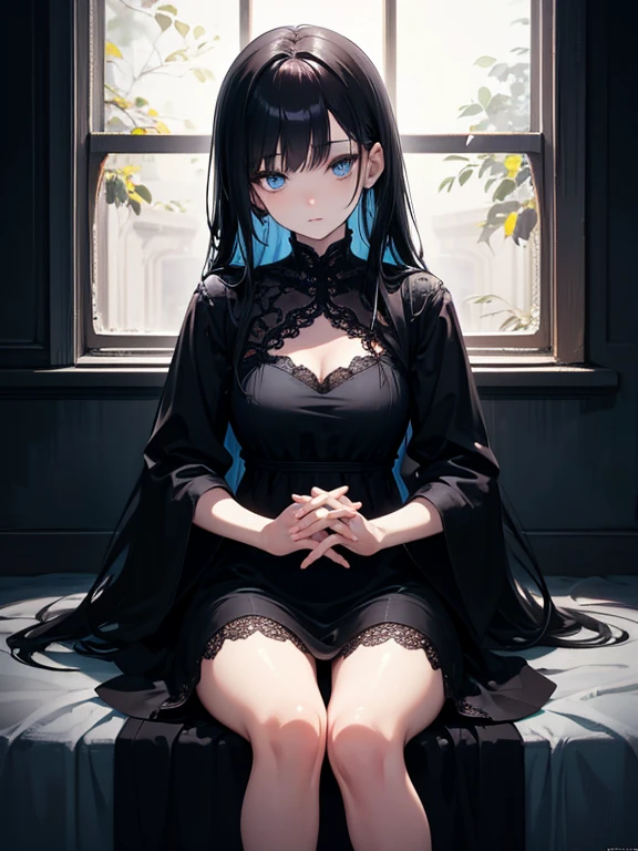 a girl in a black lace dress, long black hair, beautiful blue eyes, pale skin, sitting on a window sill, , detailed face,  detailed eyes,  detailed hands, intricate lace patterns, warm lighting, soft focus, cinematic composition, vibrant colors, digital painting, concept art, highly detailed, 8k