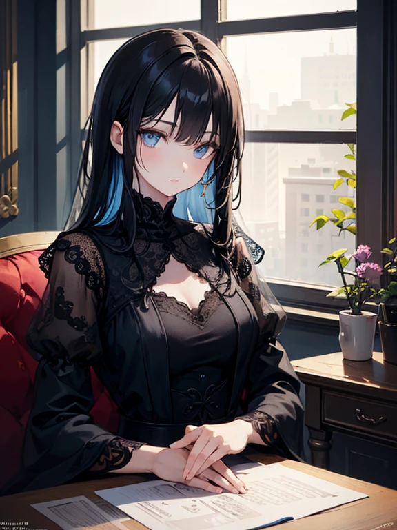a girl in a black lace dress, long black hair, beautiful blue eyes, pale skin, sitting on a window sill, , detailed face, detailed eyes, detailed hands, intricate lace patterns, warm lighting, soft focus, cinematic composition, vibrant colors, digital painting, concept art, highly detailed, 8k