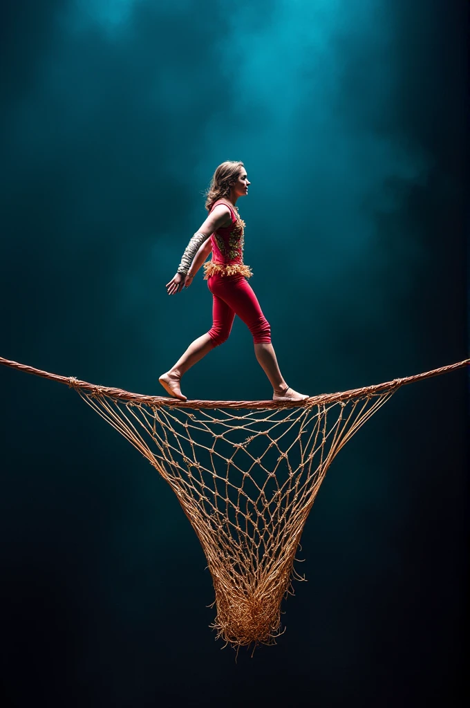 A safety net under a high-wire act, with a person walking confidently above it, symbolizing the confidence that AWS Resilience Hub provides by being a safeguard against potential issues.
