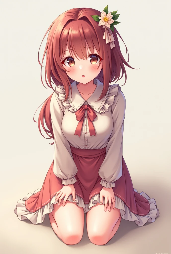Cute anime girl, on her knees fasing the camera, shy, beautiful, tounge out, wearing cute asuna outfit.
