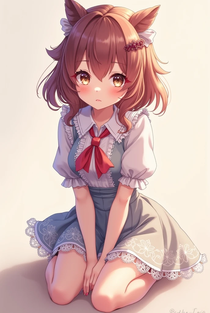 Cute anime girl, on her knees fasing the camera, shy, beautiful, tounge out, wearing cute asuna outfit.