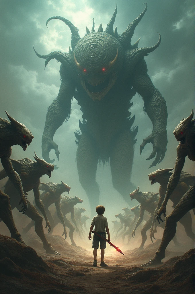 A boy fighting with  1000 of shoulders 
