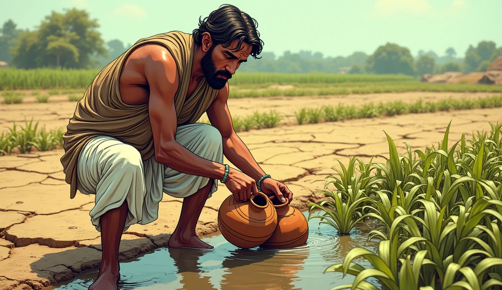 Dhruv Watering His Crops
Description: Dhruv, still in his white dhoti and brown kurta, is shown in a comic style pouring water from the clay pots onto his dry crops. His face shows determination, with sweat on his brow. The crops appear slightly more hydrated in this frame, but the overall scene still has a dry, cracked earth texture.