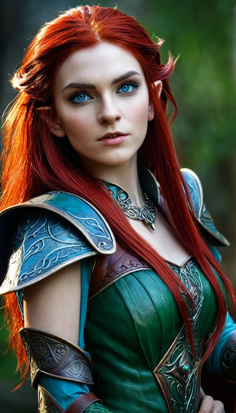 Raizel is a beautiful young orc girl sorceress in full form, thick bright red hair, very detailed face, Wrinkle-free, Blue eyes, fangs from the lower jaw, very detailed skin, slim elven athletic body green color, perfect proportions, leather armour, elven architectural background, high quality, masterpiece, realistic photo, confusingly detailed, 8 thousand., HDR, shallow depth of field, wide light, high contrast, Backlight, Light flashes, Sharp Focus, Color photo in RAW format, looking at the camera, warm colors, various poses