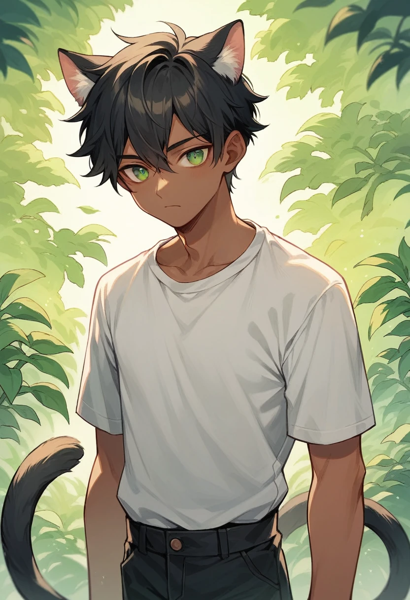 (Cowboy Shot) A young adult man, 21, with long dark hair, tan skin, emerald eyes, cat tail and ears, a plain white shirt, and dark trousers, in a forest.