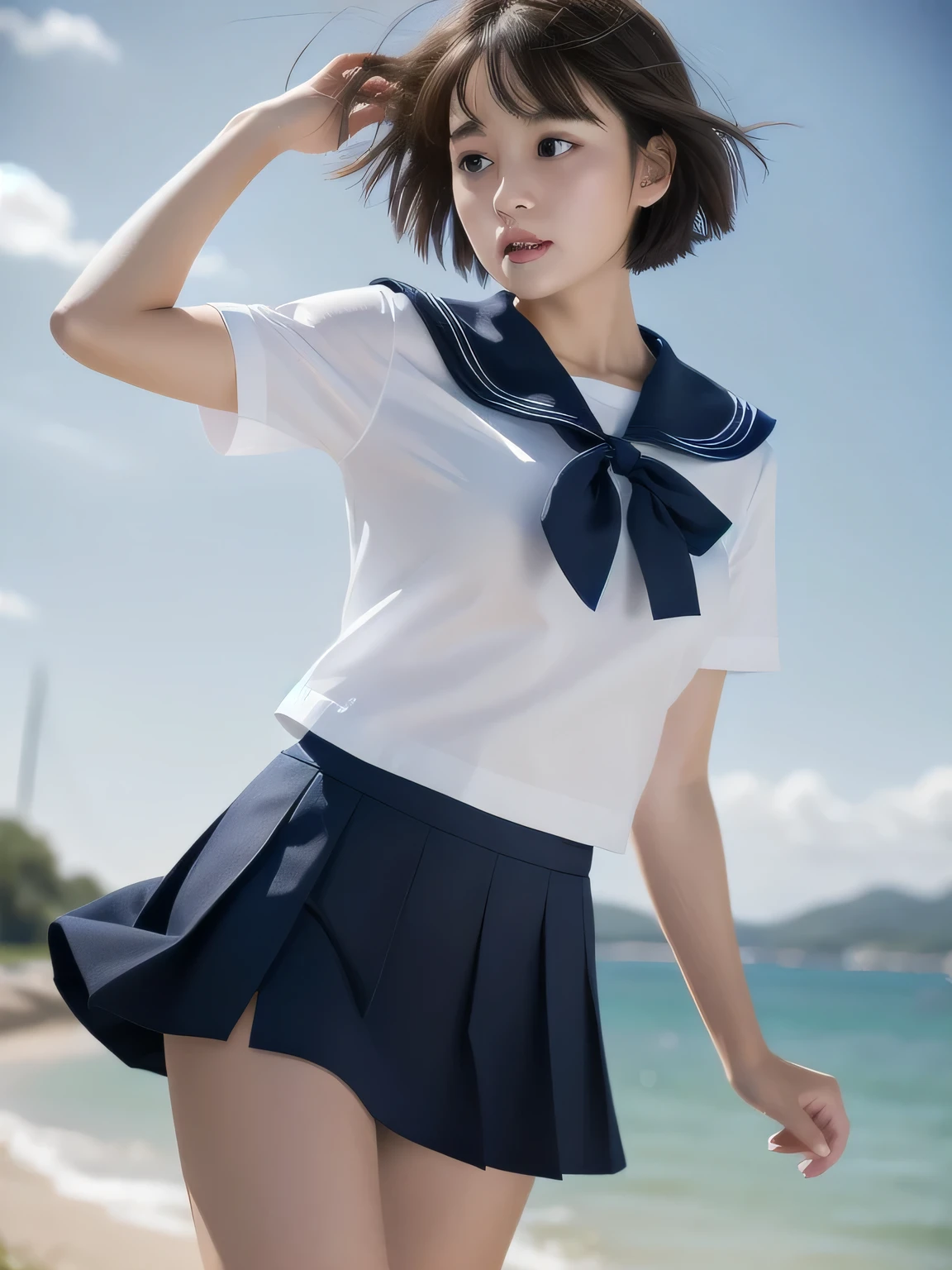 Ultra-realistic images、high resolution、Berry Short Cut、 beauty、Sailor suit、The strong wind blows up my skirt and I blush.、