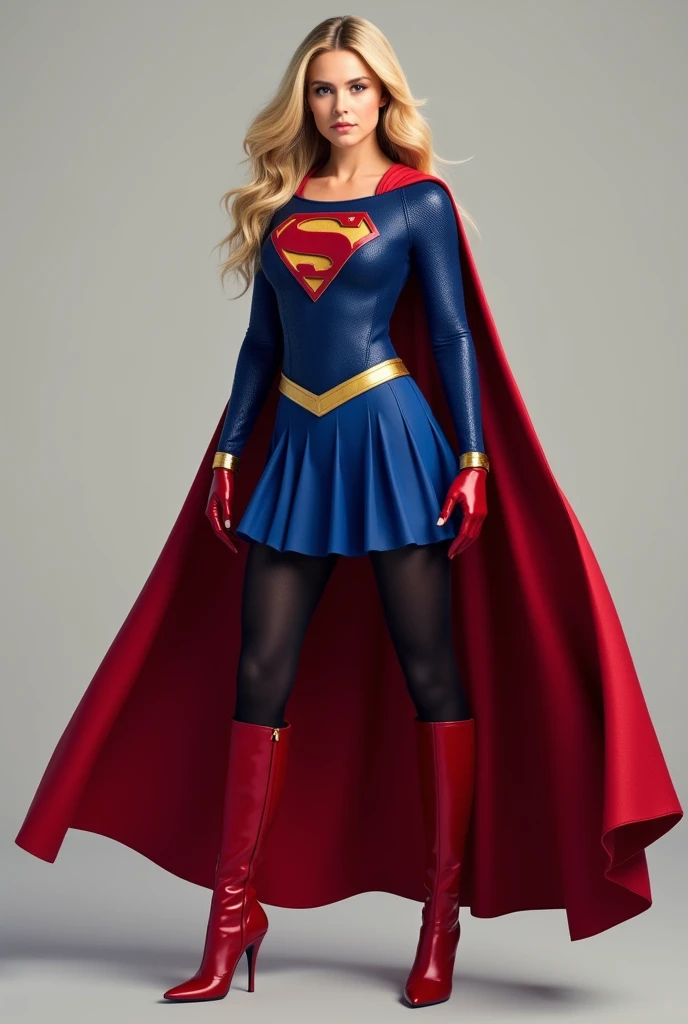 melissa benoist as supergirl, standing, full supergirl blue suit, give her black tights, long blonde hair, no helmet, a pair of long red and gold coloured gloves, a pair of long red boot heels, long red coloured cape, blue formal skirt, open thighs