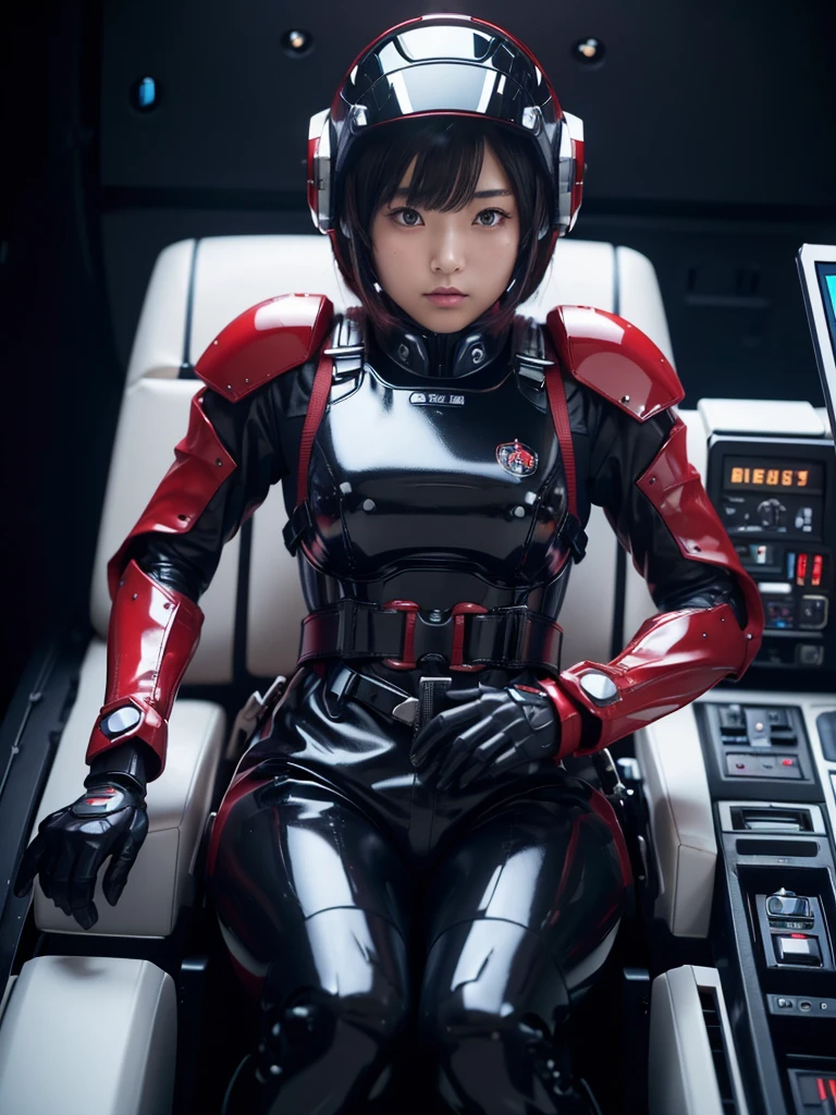 masterpiece, Highest quality, Very detailed, Japanese Android girl, Beautiful 2 Japanese woman, Plump,Slightly thicker,Control panel,Android,cyborg,Blunt bangs,Sitting in the cockpit and piloting,Black and red robot suit,Thick harness belt,Full-face helmet