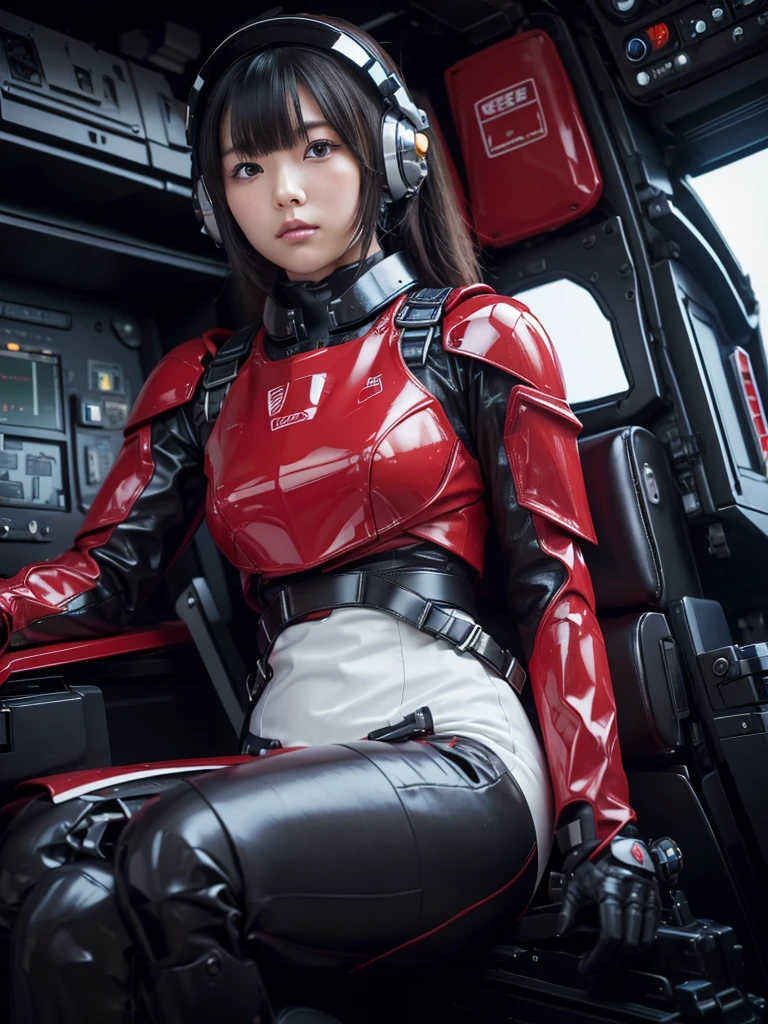 masterpiece, Highest quality, Very detailed, Japanese Android girl, Beautiful 2 Japanese woman, Plump,Slightly thicker,Control panel,Android,cyborg,Blunt bangs,Sitting in the cockpit and piloting,Black and red robot suit,Thick harness belt,Full-face helmet